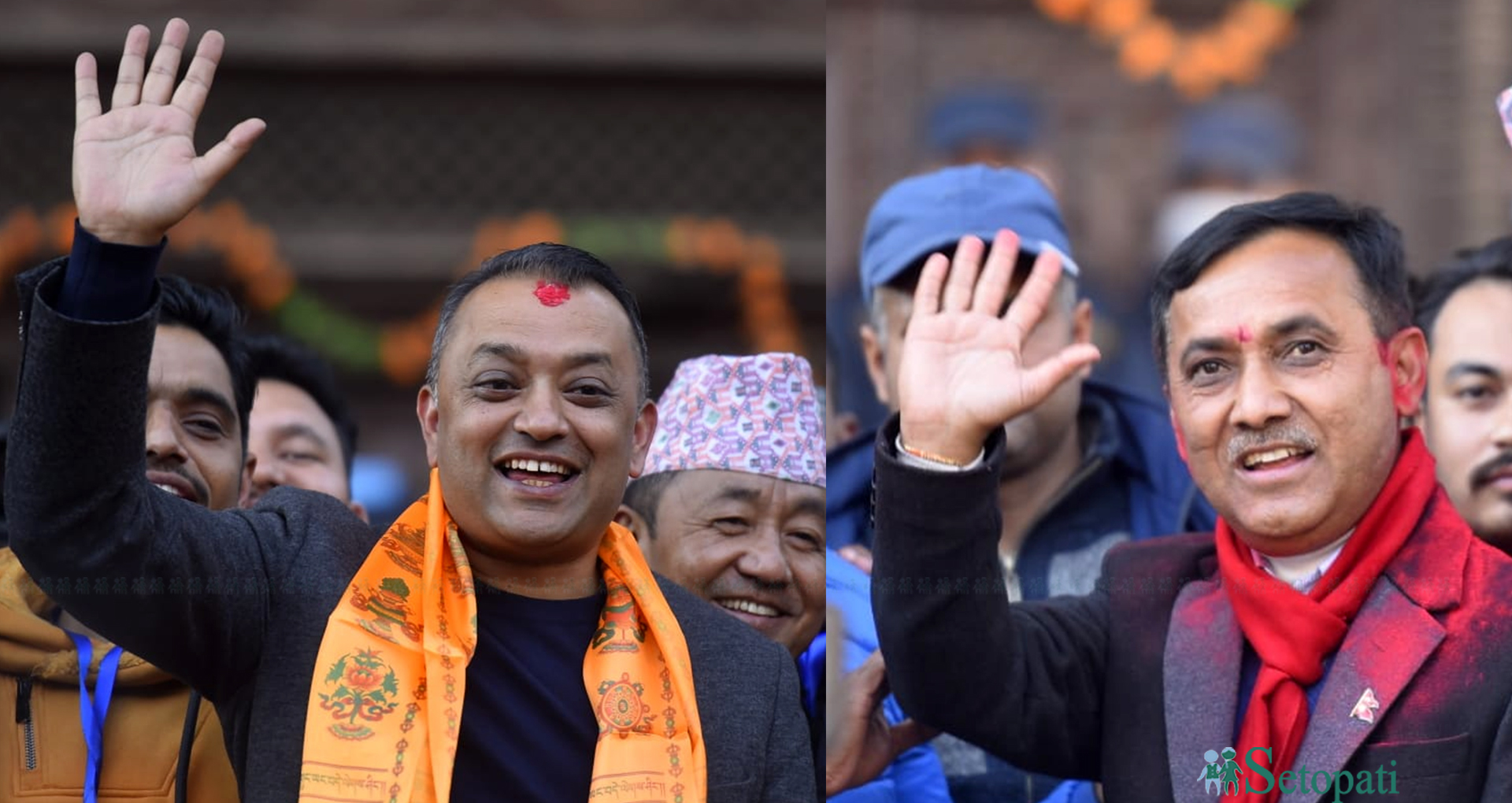 नेपाली कांग्रेसको महामन्त्रीमा विजयी भएपछि गगन थापा (दायाँ) र विश्वप्रकाश शर्मा बिहीबार पार्टी कार्यालय सानेपामा। तस्बिर: निशा भण्डारी/सेतोपाटी